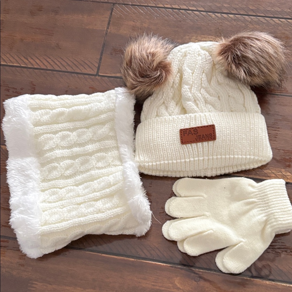 Baby Cream Winter Hat, Scarf, and Gloves Set